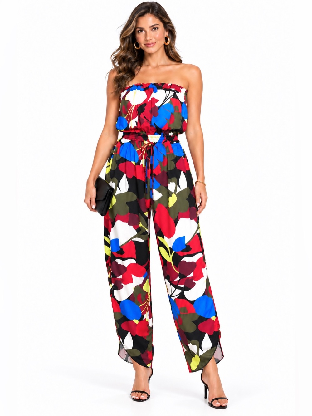NWT Bar III SZ S Red/green/white/blue floral strapless jumpsuit/Bust 38”